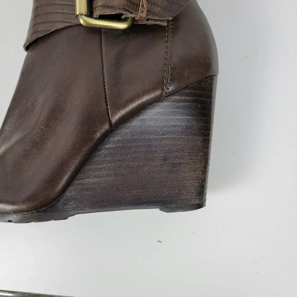 a.n.a. A New Approach Womens Boots 7 Brown Leather Knee High Wedges Heels Buckle